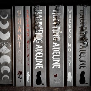 May include: A row of six gray books with white text and decorative elements including a moon cycle, a rose, a dagger, cats, a heart, a mouse, and a ghost. Three black lace bookmarks with silver charms hang from the tops of the book spines.