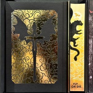 May include: A black book with a gold dragon silhouette on the cover. The dragon is surrounded by a gold and black patterned background. The spine of the book has a gold dragon silhouette and the text "FLY... OR DIE."