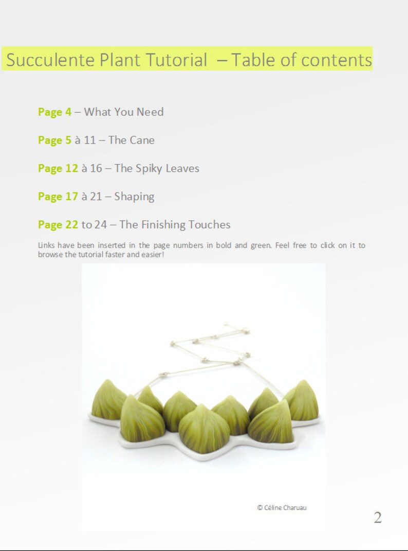 May include: A table of contents for a succulent plant tutorial. The tutorial covers topics such as what you need, the cane, spiky leaves, shaping, and finishing touches. The page numbers are highlighted in bold and green. The image also shows a close-up of a green succulent plant necklace.