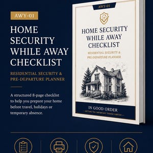 May include: A navy blue and gold graphic for a home security checklist. The cover of the checklist reads "Home Security While Away Checklist" with a house illustration. The checklist is an 8-page workbook, printable in A4 and US Letter sizes.