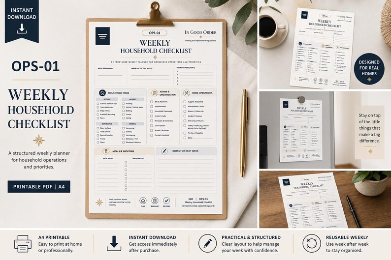 Weekly Household Task Weekly Household Checklist | Printable Home Operations Planner ...