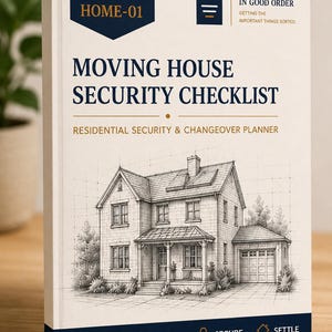 May include: A hardcover book titled "MOVING HOUSE SECURITY CHECKLIST" with a detailed illustration of a house on the cover. The book has a white cover with navy blue accents and text. The book's theme is residential security and changeover planning.