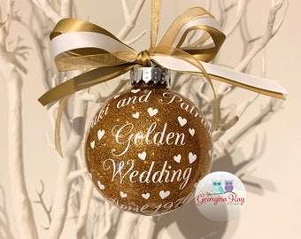 Personalised 50th Golden Wedding Anniversary Gift Christmas Bauble, Keepsake