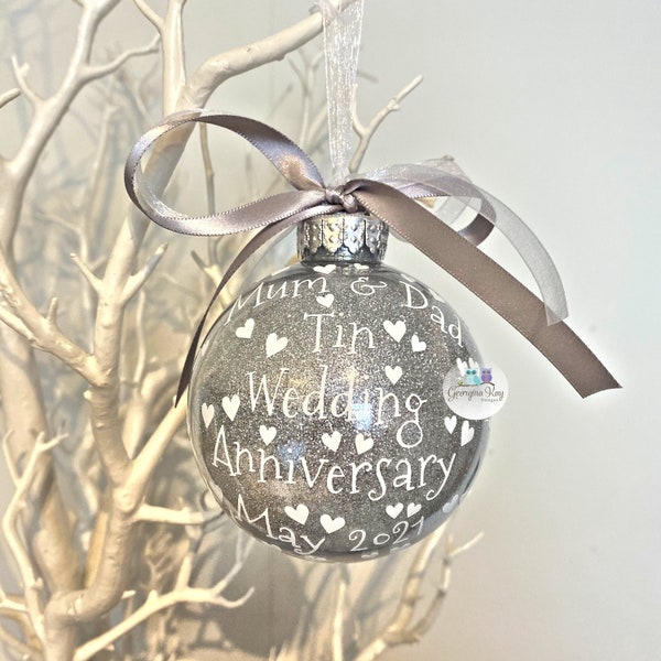 10th Tin Wedding Anniversary Gift, 10th Anniversary Ornament Christmas Bauble, 10 Years