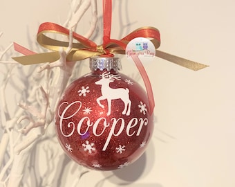 Personalised Reindeer Bauble, Christmas Bauble, Name Bauble, Glitter Bauble, Reindeer Ornament, Reindeer Decoration, Christmas 2023