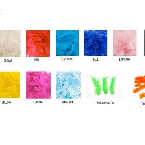 May include: Image displaying a range of bauble feather colours. The colours are white, cream, red, turquoise, blue, baby pink, black, dark purple, yellow, fuchsia, baby blue, emerald green, and orange.