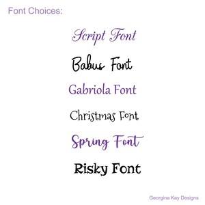 Puede incluir: Una lista de opciones de fuentes para un proyecto de dise&ntilde;o. Las fuentes son: Script Font, Babus Font, Gabriola Font, Christmas Font, Spring Font y Risky Font.