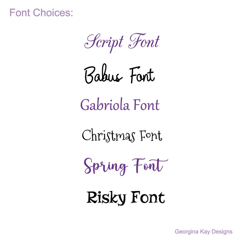 Puede incluir: Una lista de opciones de fuentes para un proyecto de dise&ntilde;o. Las fuentes son: Script Font, Babus Font, Gabriola Font, Christmas Font, Spring Font y Risky Font.