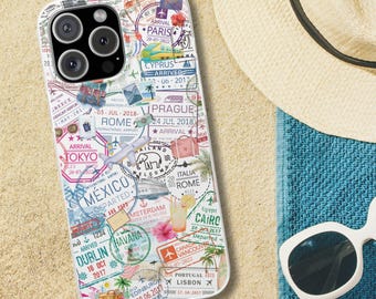 Travel Collage Phone Case Passport Stamp Collage Case for Birthday Best Friend Gift iPhone 16 15 14 13 12 11 Pro Max Mini 8 Plus X XR XS