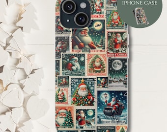 Telefonskal med vintagemotiv, julkollage, jultomten, blå julstämplar, iPhone 17 16 15 14 13 12 11 Air Pro Max Mini 8 Plus XS