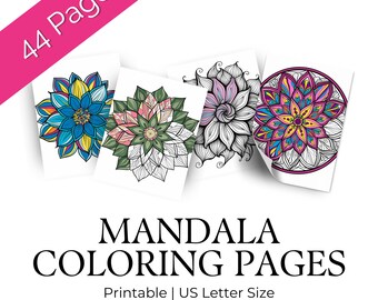 Peut inclure: Un ensemble de quatre pages à colorier de mandalas imprimables. Les pages présentent des motifs complexes avec des motifs floraux dans des tons de bleu, vert, rose et violet. Le texte "MANDALA COLORING PAGES" et "Printable | US Letter Size" est imprimé sous les images.