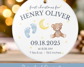 Nyföddpresenter Babypojke Första julgranskulor 2025, Anpassad babypresent, Personlig födelsestatistikprydnad, Första julgranskulor för bebis
