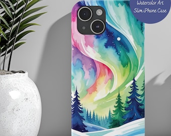 Funda para teléfono Aurora Borealis, Arte caprichoso, Fundas para teléfono con acuarela, Regalos de auroras boreales para iPhone 17, 16, 15, 14, 13, 12 y 11 Plus Air Pro Max Slim