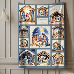 Könnte beinhalten: Eine blaue und weiße Aquarell-Illustration der Weihnachtsgeschichte. Das Bild ist in neun Quadrate unterteilt, die jeweils eine andere Szene aus der Geschichte der Geburt Jesu darstellen. Der Text "Denn uns ist ein Kind geboren, ein Sohn ist uns gegeben" ist in einem der Quadrate enthalten.