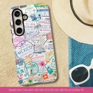 May include: A white phone case with a travel theme, featuring stamps from various cities like Tokyo, Mexico, and Havana. The case has a camera cutout and the text "SAMSUNG GALAXY S25 S24 S23 S22 S21 S20 PLUS ULTRA FE".