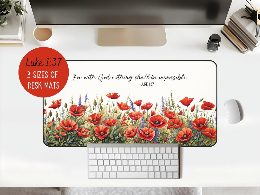 Red Poppies Bible Verse Desk Mat Luke 1:37 Christian Office Decor Faith ...
