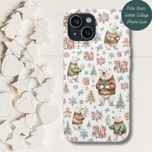 Polar Bears Winter Phone Case Polar Bear Christmas Phone Covers Watercolor Collage iPhone 16 15 14 13 12 11 Pro Max Mini 8 Plus X XR XS