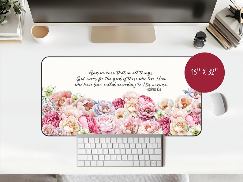 Peonies Bible Verse Deskmat Romans 8:28 Christian Office Decor Faith ...