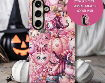 Funda rosa para teléfono de Halloween con collage de temporada espeluznante, calabaza rosa, coqueta, amante de Halloween, Samsung Galaxy S25, S24, S23, S22 Plus, Ultra, Google Pixel