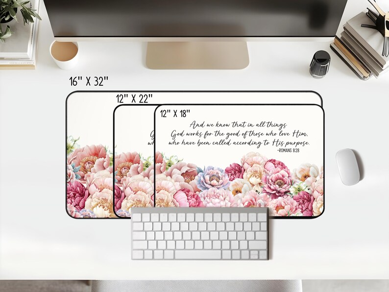 Peonies Bible Verse Deskmat Romans 8:28 Christian Office Decor Faith ...
