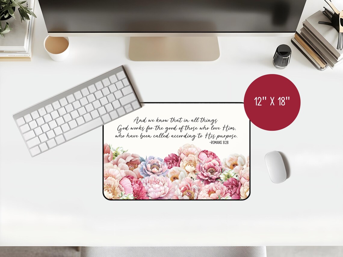 Peonies Bible Verse Deskmat Romans 8:28 Christian Office Decor Faith ...