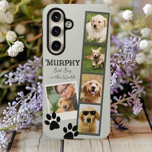 Pode incluir: Capa de telemóvel cinzenta clara com uma colagem de fotos de um golden retriever. A capa inclui o texto "MURPHY Best Boy in the World" e pegadas. As fotos mostram o cão em diferentes idades e poses.
