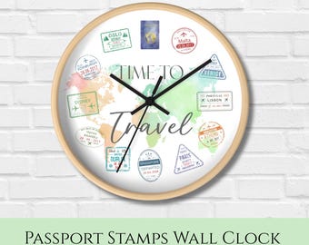 Wall Clock Gift for Travel Lover - Time to Travel Passport Stamps Design, 10 inch