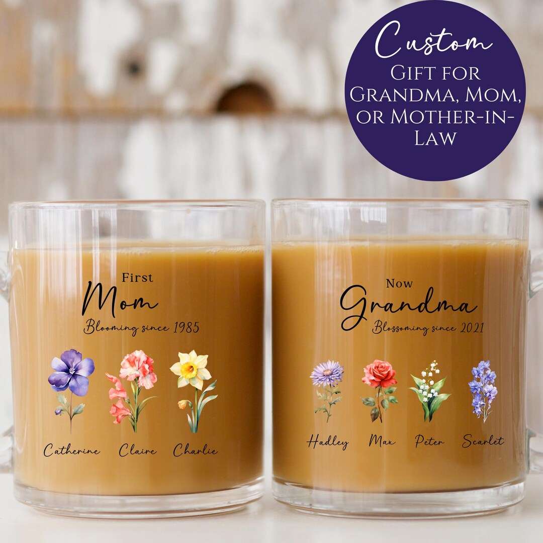 Custom Grandma Gifts First Mom Now Grandma Clear Glass Coffee Mug ...