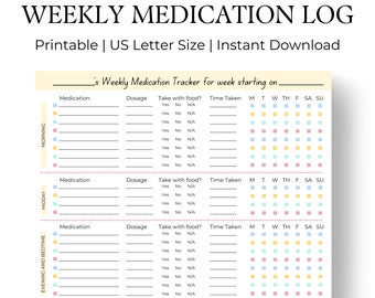 Può includere: Un tracker di log dei farmaci settimanale stampabile con sezioni per la mattina, il mezzogiorno e la sera e l'ora di coricarsi. Il tracker include colonne per il nome del farmaco, il dosaggio, se deve essere assunto con il cibo, l'ora di assunzione e i giorni della settimana.