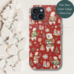 Polar Bears Winter Phone Case Polar Bear Red Christmas Phone Covers Watercolor Collage iPhone 16 15 14 13 12 11 Pro Max Mini 8 Plus X XR XS