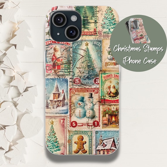 Vintage Christmas Phone Case Nostalgic Christmas Stamps Collage Xmas Santa Trees Holiday iPhone 17 16 15 14 13 12 11 Air Pro Max Plus XR XS