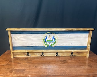 El Salvador coat rack, wood coat and hat rack, international coat rack, El Salvador, wood flag, living room wall art, Salvadorian flag.