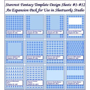May include: Twelve blue and white template design sheets with diverse patterns, such as stripes, shapes, and frames. The text "Starcrest Fantasy Template Design Sheets" and "An Expansion Pack for Use in Sheetworks Studio" are at the top.