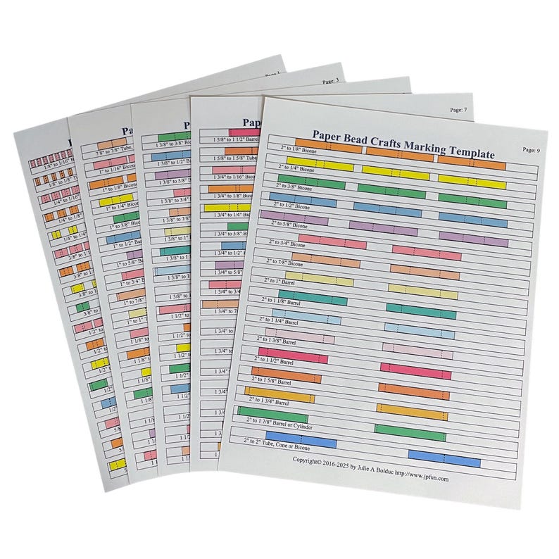 May include: A set of printable paper bead crafts marking templates. The templates are organized by bead size and shape, with each row showing the number of beads needed to create a specific length. The templates are color-coded to help with bead selection. The text on the template reads "Paper Bead Crafts Marking Template".
