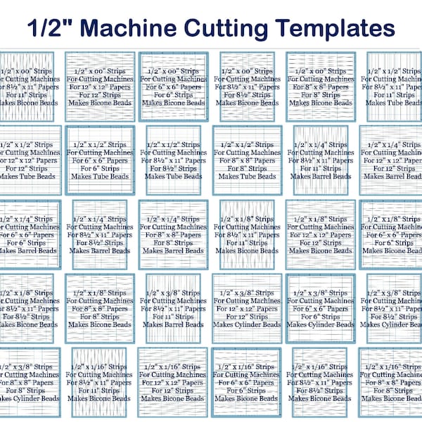 Machine Cutting Templates for 1/2" long Paper Beads including tube, bicone, and barrel.