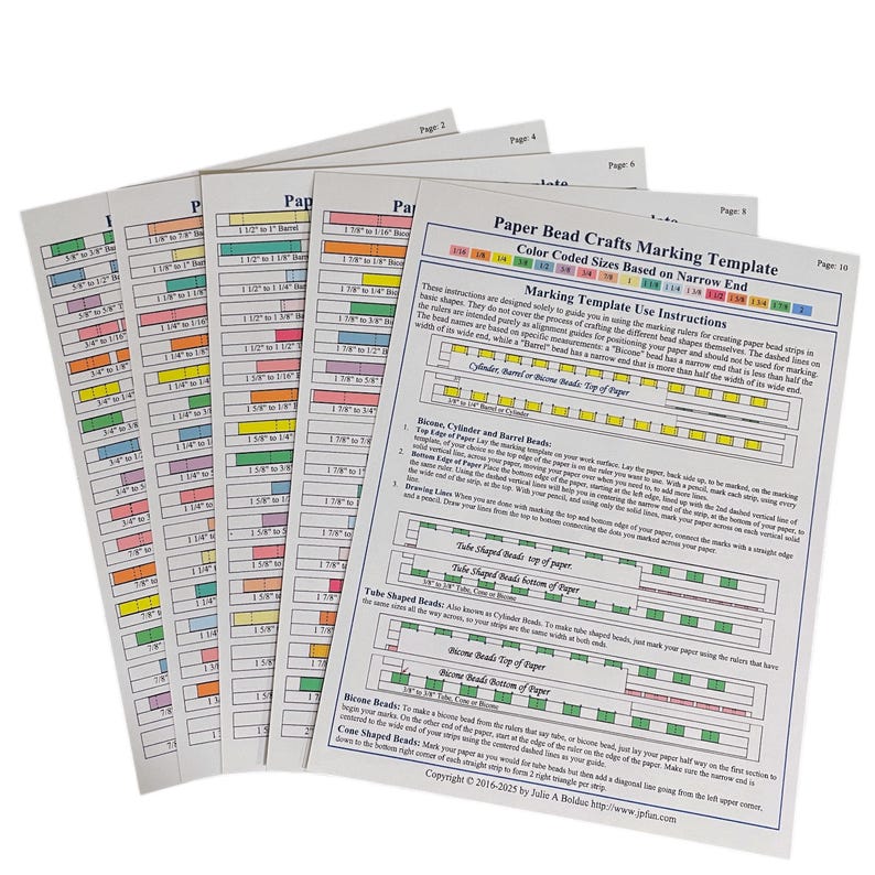 May include: A paper bead crafts marking template with color-coded sizes based on the narrow end. The template includes instructions for marking cylinder, barrel, tube-shaped, bicone, and cone-shaped beads. The template is printed on white paper with a colorful legend at the top.