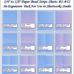 May include: Paper bead strips sheets #1-#12, an expansion pack for Sheetworks Studio. The image shows twelve cards with blue and pink striped patterns. Each card has a label with a name and template ID.