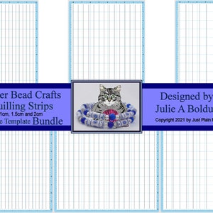 Könnte beinhalten: Ein Satz druckbarer Quilling-Streifenvorlagen für Papierperlenbastelarbeiten. Die Vorlagen sind für 1 cm, 1,5 cm und 2 cm breite Streifen ausgelegt. Das Bild zeigt eine Katze, die eine blaue und weiße Papierperlenkette trägt.