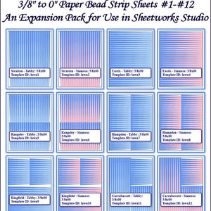 May include: Twelve paper bead strip sheets with blue and pink gradient patterns are displayed in a grid. Each sheet is labelled with a name and template ID. The text at the top reads "3/8" to 0" Paper Bead Strip Sheets #1-#12" and "An Expansion Pack for Use in Sheetworks Studio."