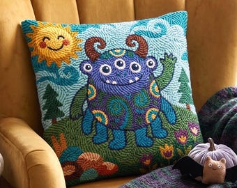 Quirky Monster Punch Needle Pattern PDF, Cozy Horned Character Rug Hooking Pattern, Whimsical Nursery Playroom Kids Pillow Digital Download