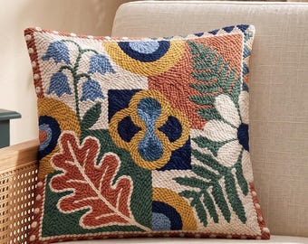 Modern Organic Floral Punch Needle Pattern PDF, Botanical Bluebell Oak Leaf Cushion Download, Folk Art Needlepoint Digital Pattern