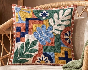 Modern Abstract Floral Punch Needle Pattern PDF, Botanical Cushion Style, Geometric Leaf Embroidery Pillow Download, Digital Pattern