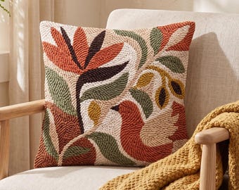 Folk Art Bird Punch Needle Pattern Botanical Paradise PDF Embroidery Design Earthy Terracotta Pillow Decor