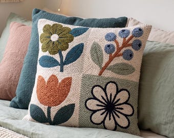 Modern Cottagecore Sampler Punch Needle Pattern Vintage Botanical Flower PDF Embroidery Design Grid Pillow Decor
