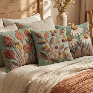 Lot de 3 motifs floraux perforés à l'aiguille - 3 motifs de coussins botaniques PDF - décoration rouille vert sauge - lot de coussins DIY nature terreuse