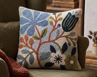 Modern Cottagecore Floral Punch Needle Pattern Vintage Botanical Blue Flower PDF Embroidery Design Cozy Home Decor