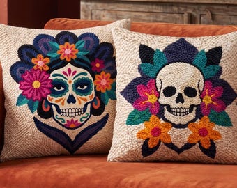Día de los Muertos Punch Needle Bundle PDF, Day of the Dead Catrina & Sugar Skull Craft Kit Style, Mexican Folk Art Floral Pillows Download