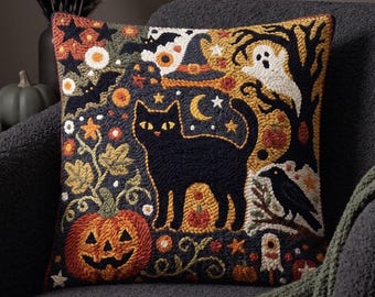 Primitive Black Cat Punch Needle Pattern Halloween Spooky Cat PDF Embroidery Design Whimsical Pumpkin Cozy Fall Decor