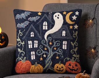 Haunted House Punch Needle Pattern Halloween Ghost PDF Embroidery Design Spooky Mansion Cozy Fall Decor