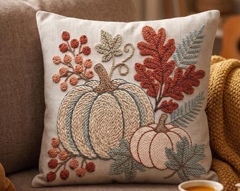 Pumpkin Patch Harvest Punch Needle Pattern PDF, Rustic Cottagecore Autumn Pillow, Oak Leaves Linen Embroidery Digital Download